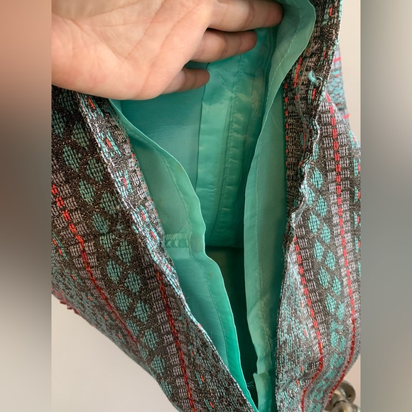 Designer Mermaid! Adrianna Papell colorful shimmer teal orange stripe sheath - Picture 11 of 13